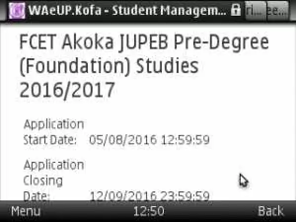 FCET Akoka JUPEB Pre-Degree (Foundation) Studies 2016/2017
